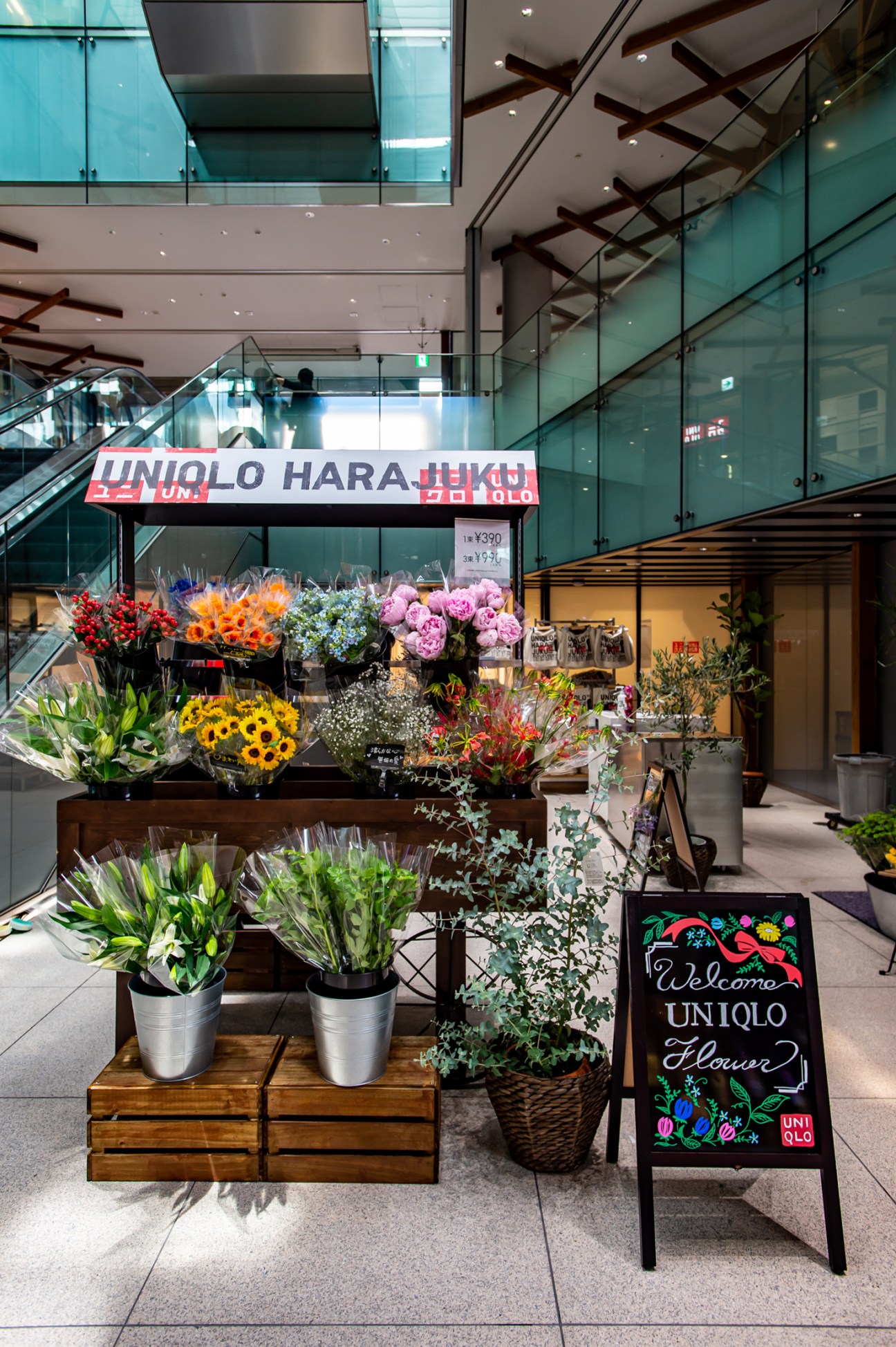 Colorful flower display at Uniqlo Harajuku store entrance with welcome sign and potted plants.