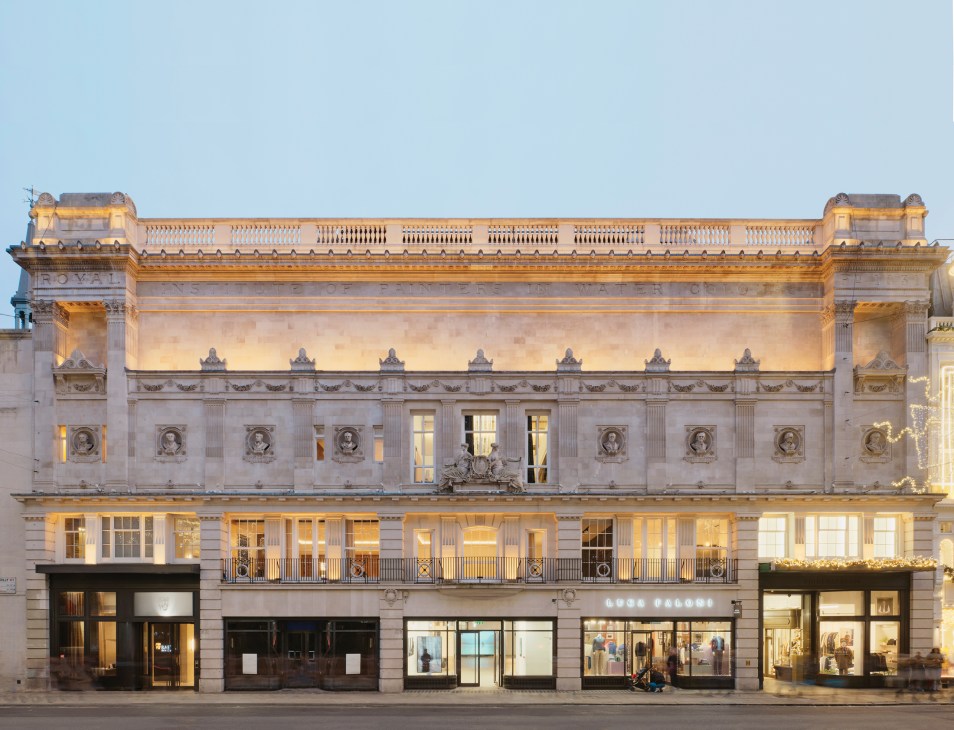 Classical stone facade of 195 Piccadilly showing BAFTA's renovated headquarters with ornate architectural details