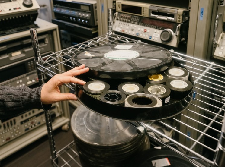 A hand holds a circular film reel with subtitles stamped onto it in a dubbing studio with professional audio equipment in the background.