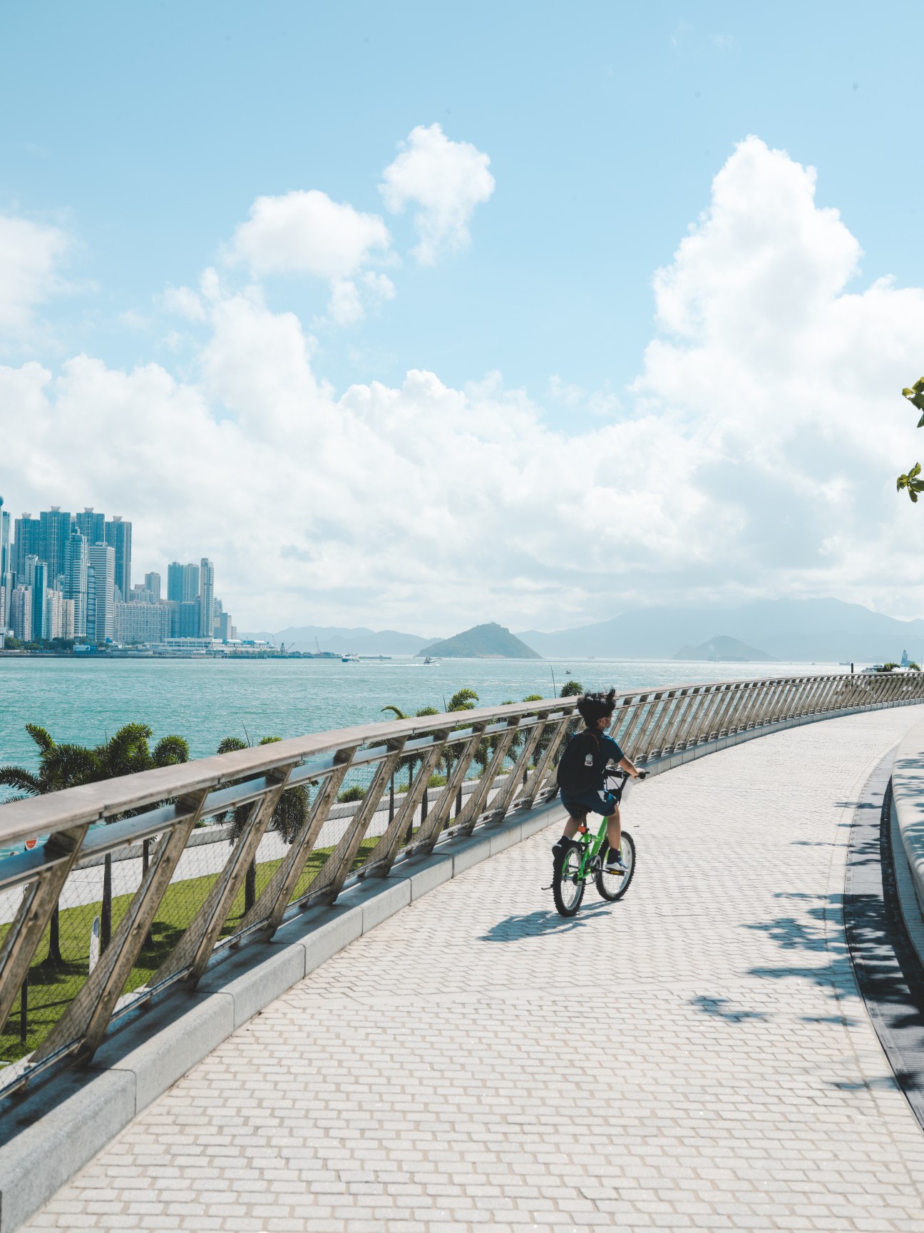Person cycling on curved pedestrian bridge overlooking Hong Kong harbor and skyline at West Kowloon Cultural District