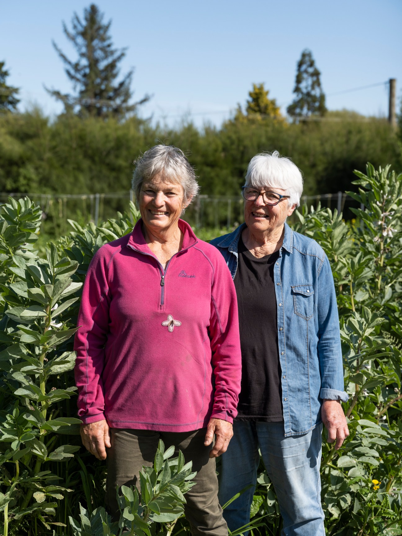 Two elderly women with grey hair standing together in a lush garden with broad-leafed plants