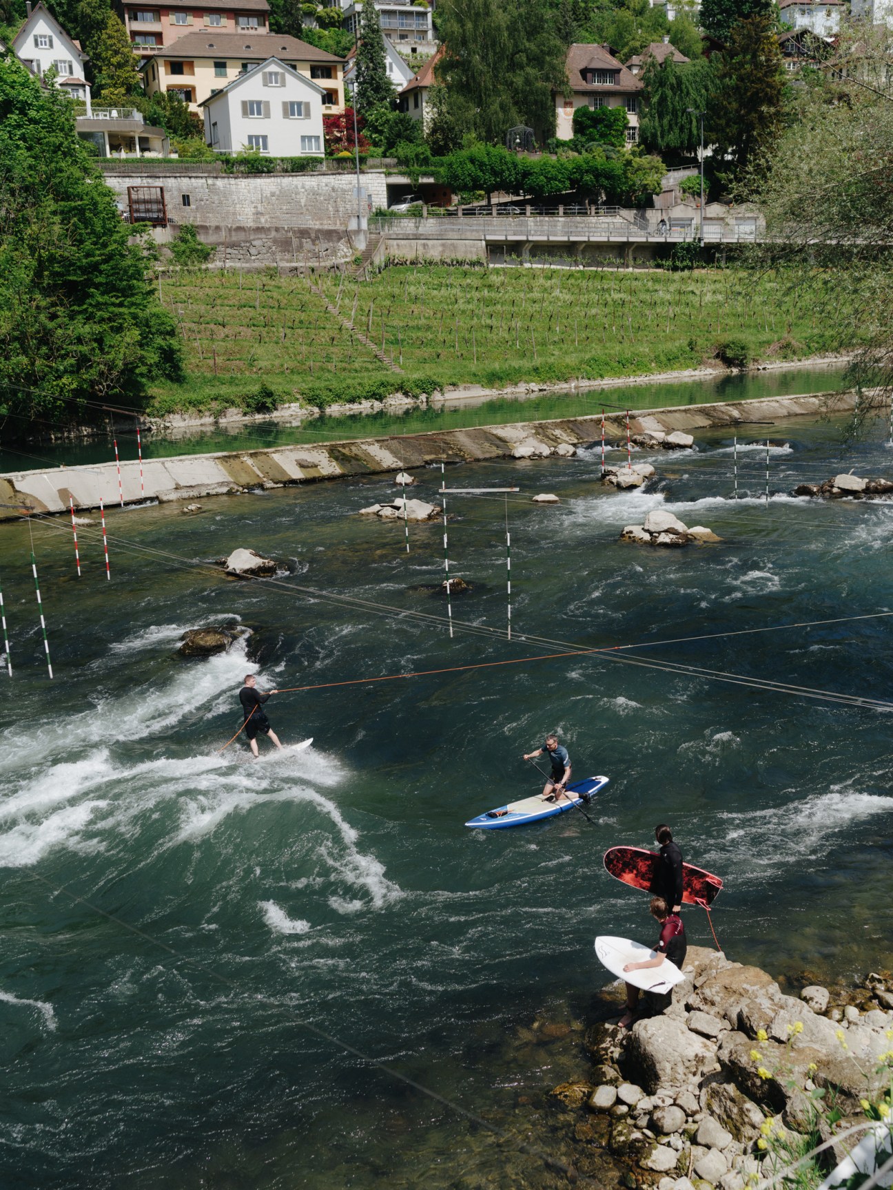 People on stand-up paddleboards navigating slalom gates on the Limmat river with houses and vineyards in background