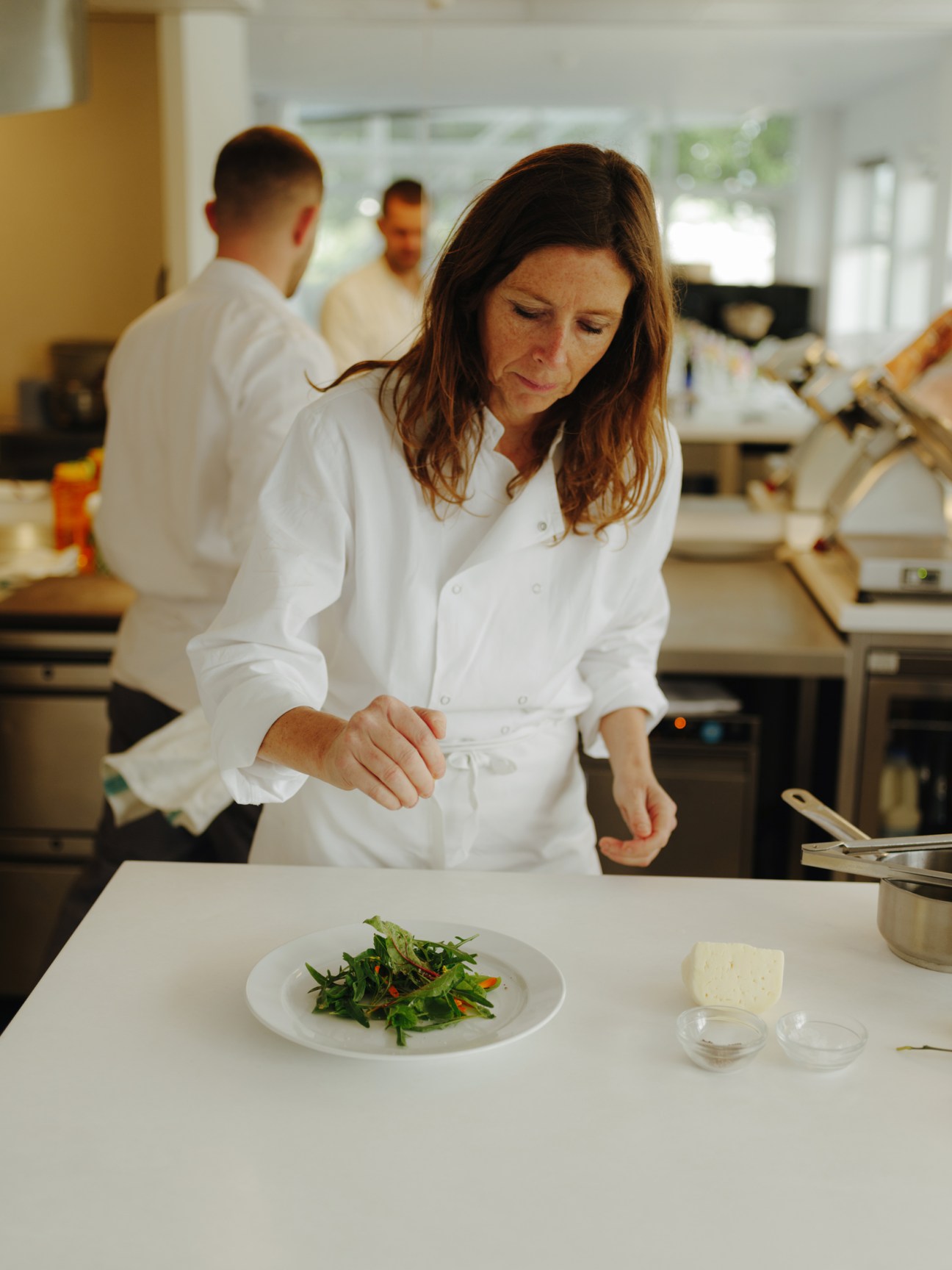 Sian Wyn Owen at The River Café preparing broad bean salad with mozzarella di bufala and fresh herbs