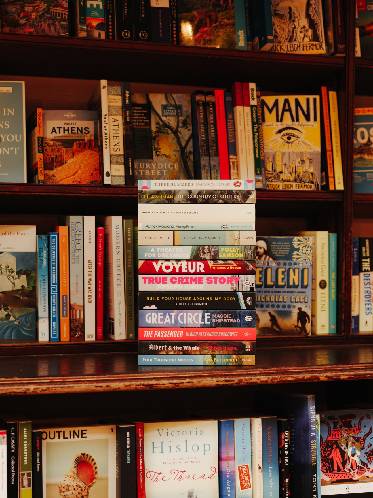 Wooden bookshelf filled with various books and novels arranged on multiple shelves