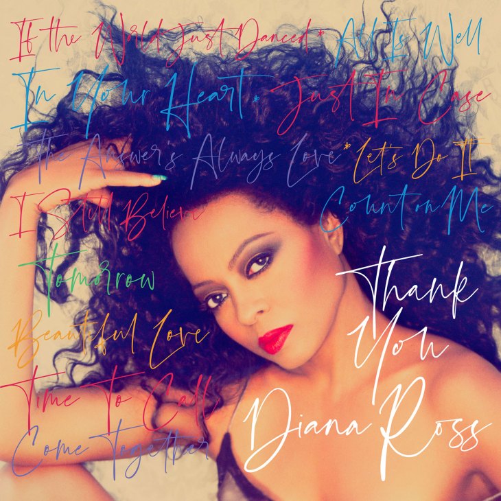 Diana Ross album cover for Thank You showing her with voluminous curly hair and red lipstick with song titles overlaid