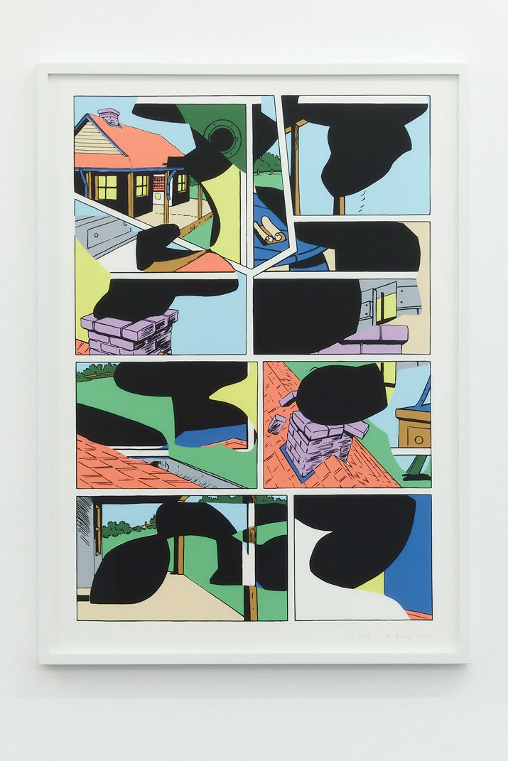 Gallery space displaying printed works on walls