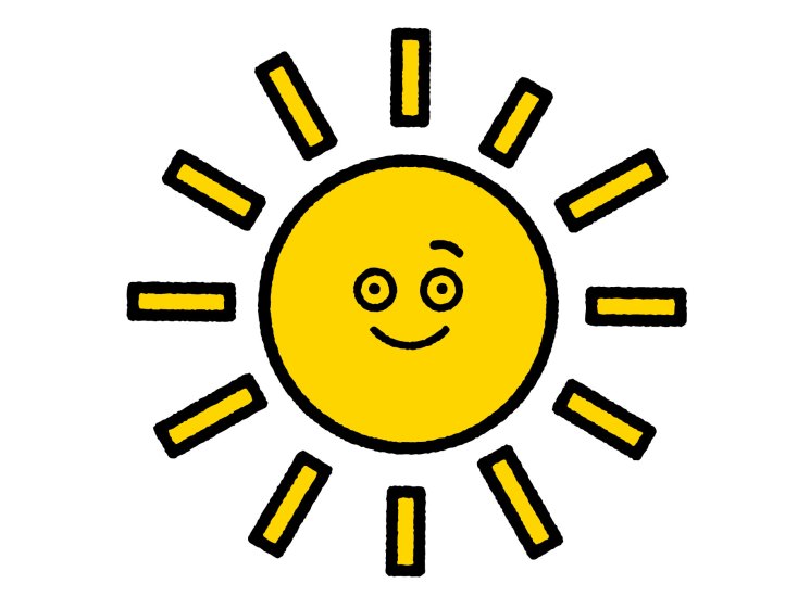 Cheerful yellow smiling sun illustration with black rays on white background.