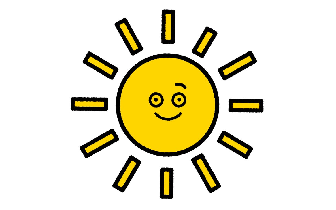 Cheerful yellow smiling sun illustration with black rays on white background.