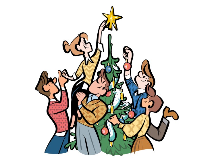 Cartoon illustration of a family decorating a Christmas tree together.