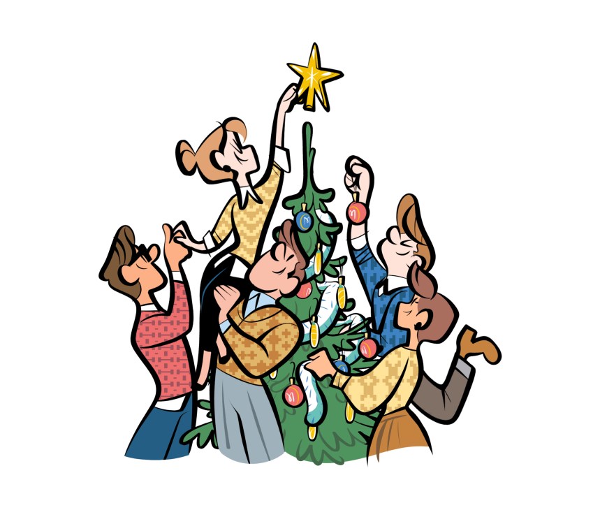Cartoon family decorating Christmas tree together with star on top