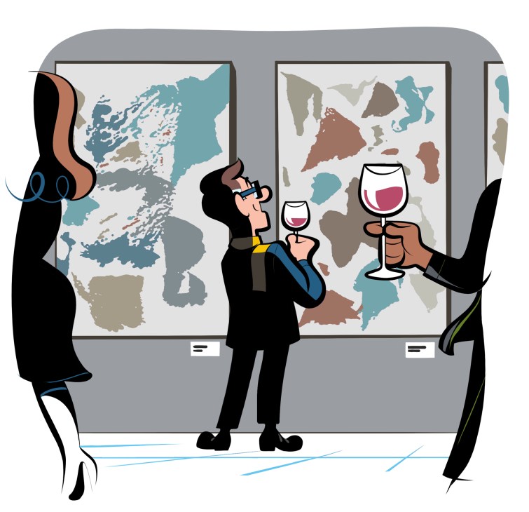 People holding wine glasses view abstract artwork in a gallery setting