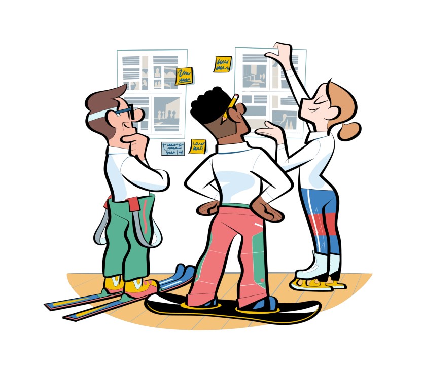 Three people in business attire wearing skis indoors looking at documents on a wall