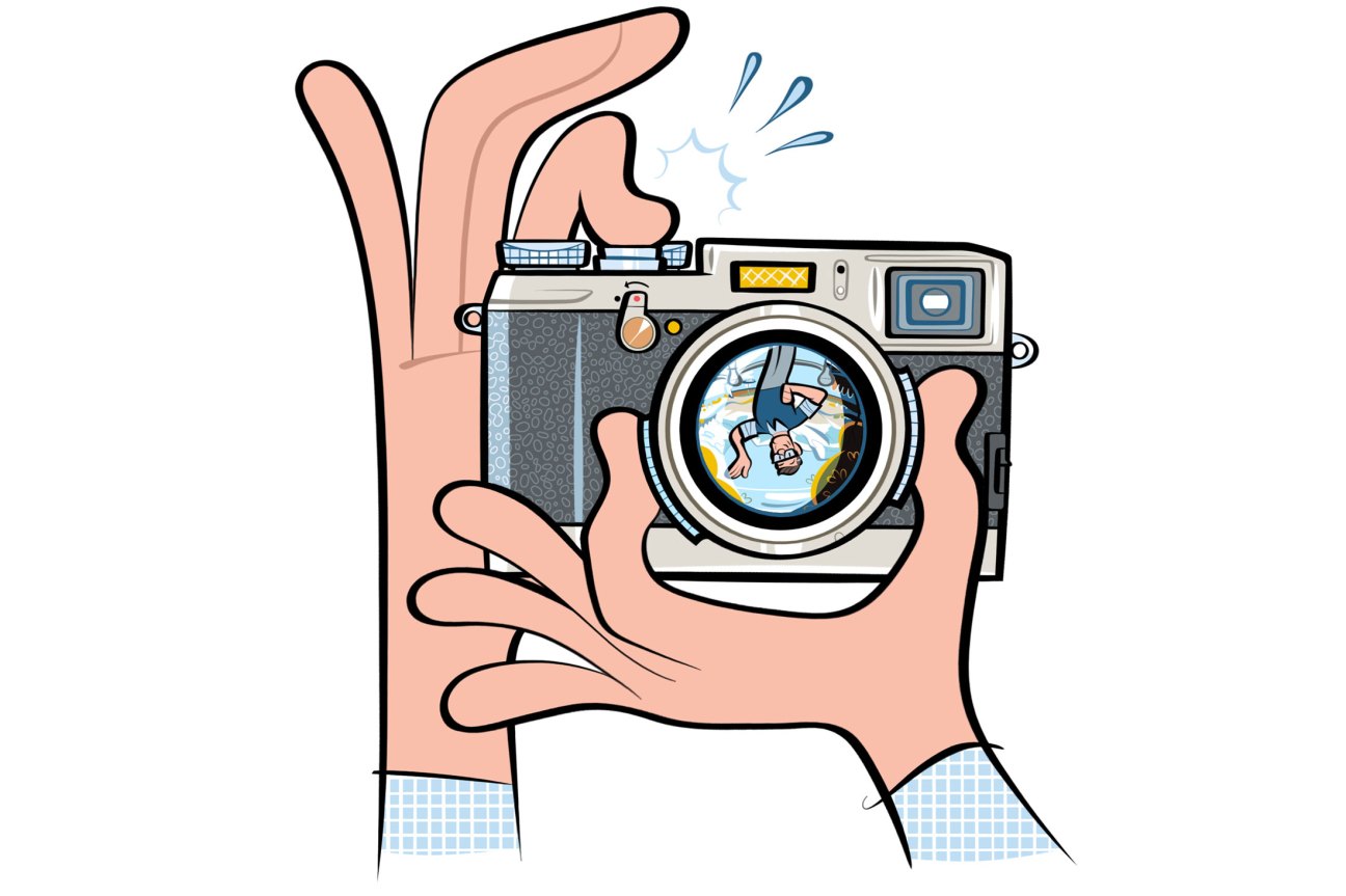 Illustrated hands holding a vintage camera with flash firing and scene reflected in the lens