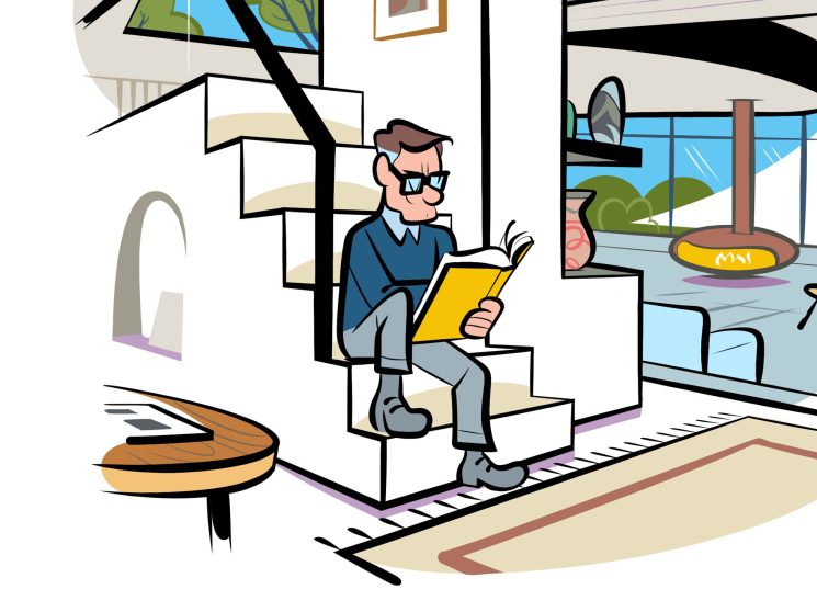 Man in glasses and sweater reading yellow book while sitting on white stairs in modern interior