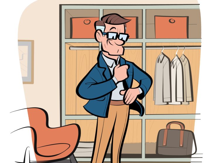 Businessman in suit and glasses adjusting his tie in front of organized wardrobe with hanging clothes