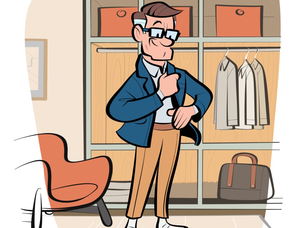 Businessman in suit and glasses adjusting his tie in front of organized wardrobe with hanging clothes