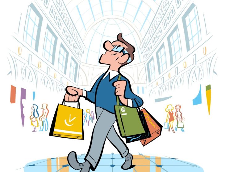 Illustration of a cheerful man in glasses walking through an ornate shopping arcade carrying multiple colorful shopping bags