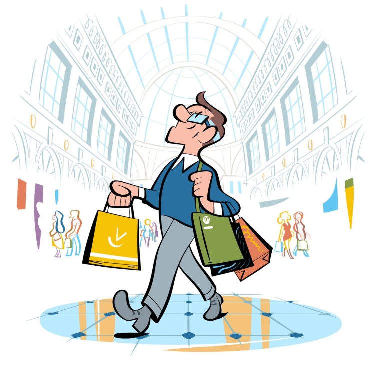 Illustration of a cheerful man in glasses walking through an ornate shopping arcade carrying multiple colorful shopping bags