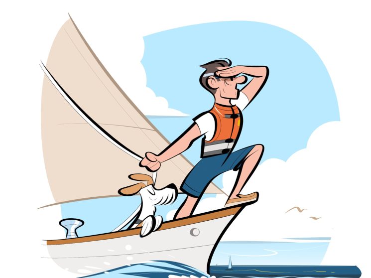 Illustration of a man sailing on a small boat, shielding his eyes while looking toward the horizon