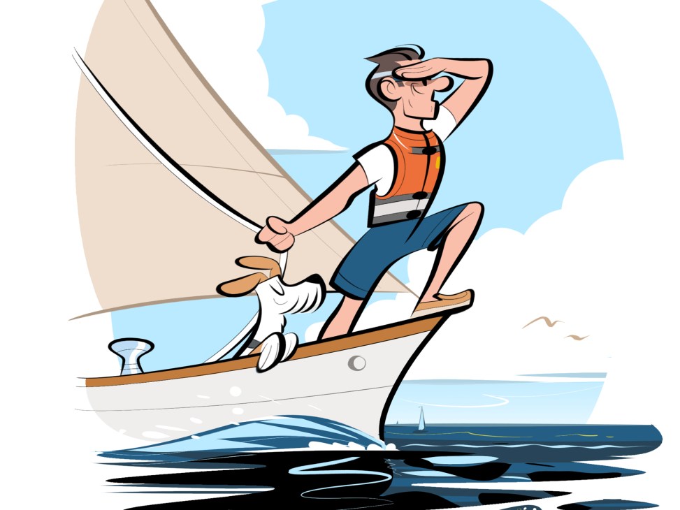Illustration of a man sailing on a small boat, shielding his eyes while looking toward the horizon