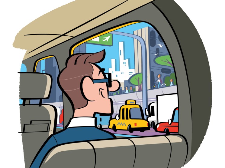 Man with glasses driving car in urban setting with city buildings and yellow taxi visible through windows