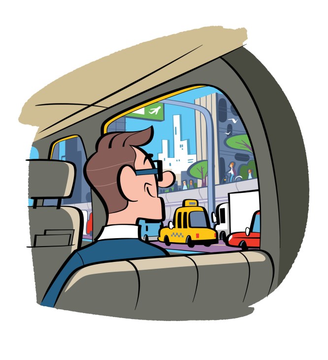 Man with glasses driving car in urban setting with city buildings and yellow taxi visible through windows