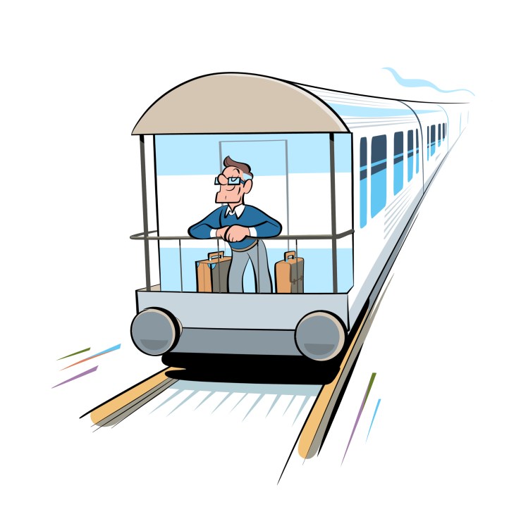 Train illustration showing a vintage locomotive with passenger cars traveling through a stylized landscape