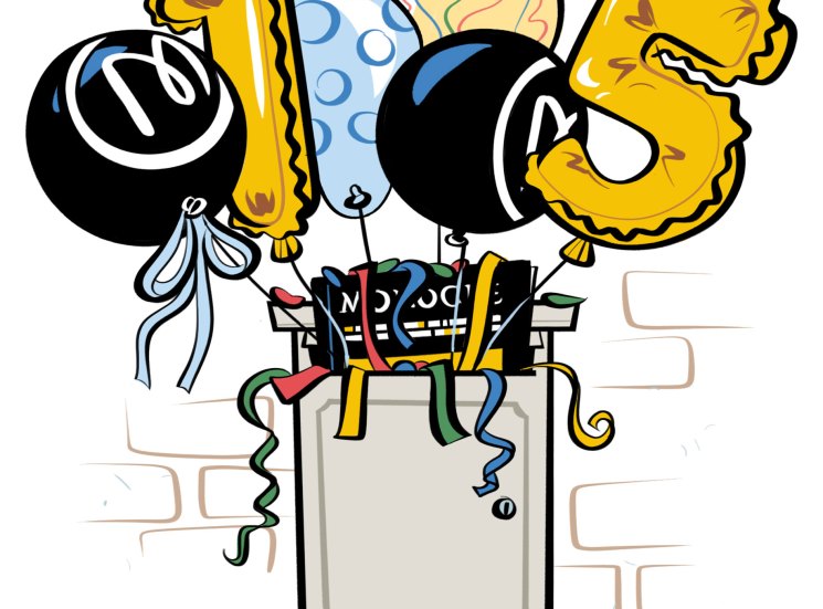 Illustrated balloons spelling out 105 emerging from a bag against a brick wall background