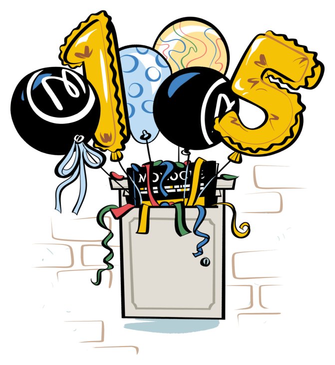 Illustrated balloons spelling out 105 emerging from a bag against a brick wall background