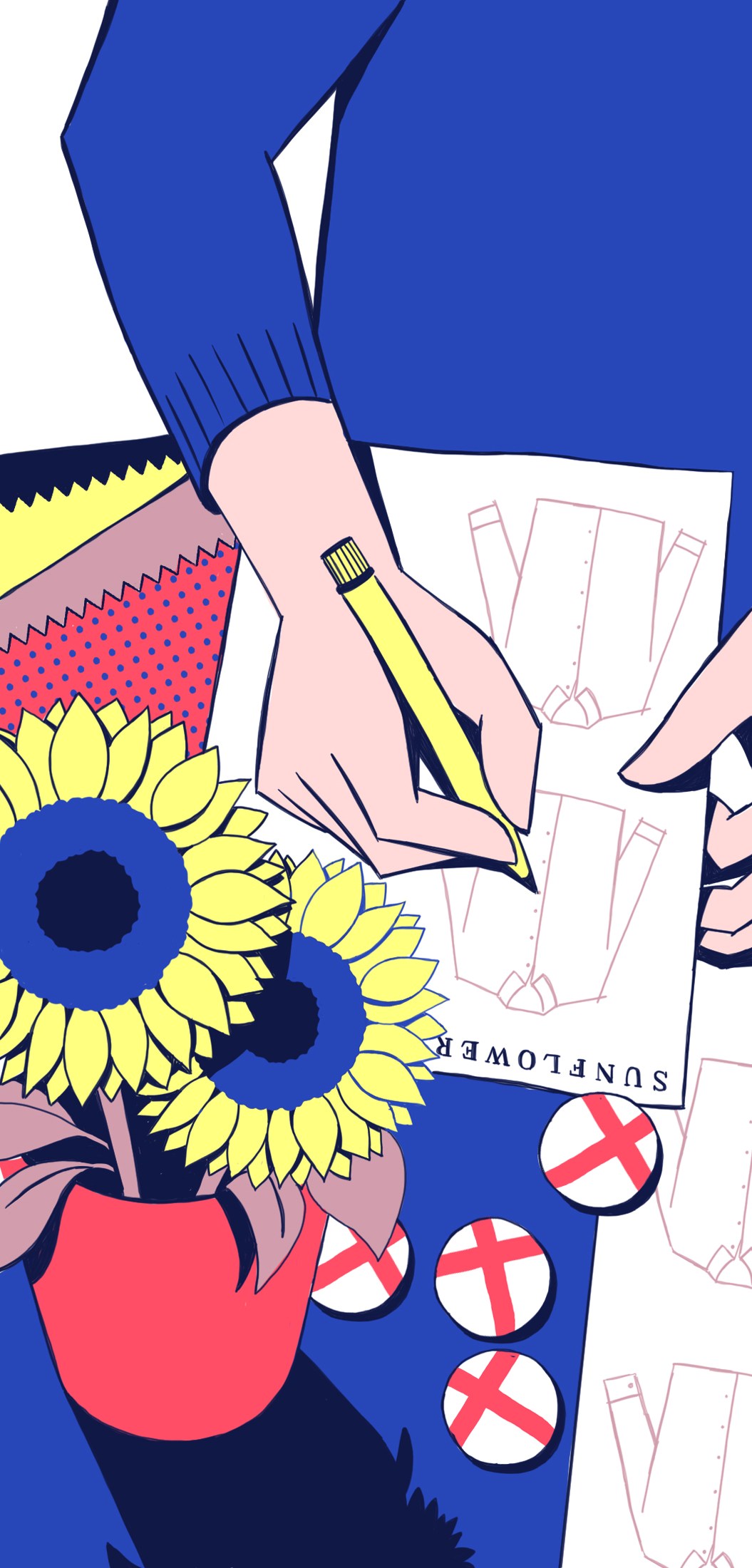 Illustration of hands sketching clothing designs with sunflowers and design swatches.