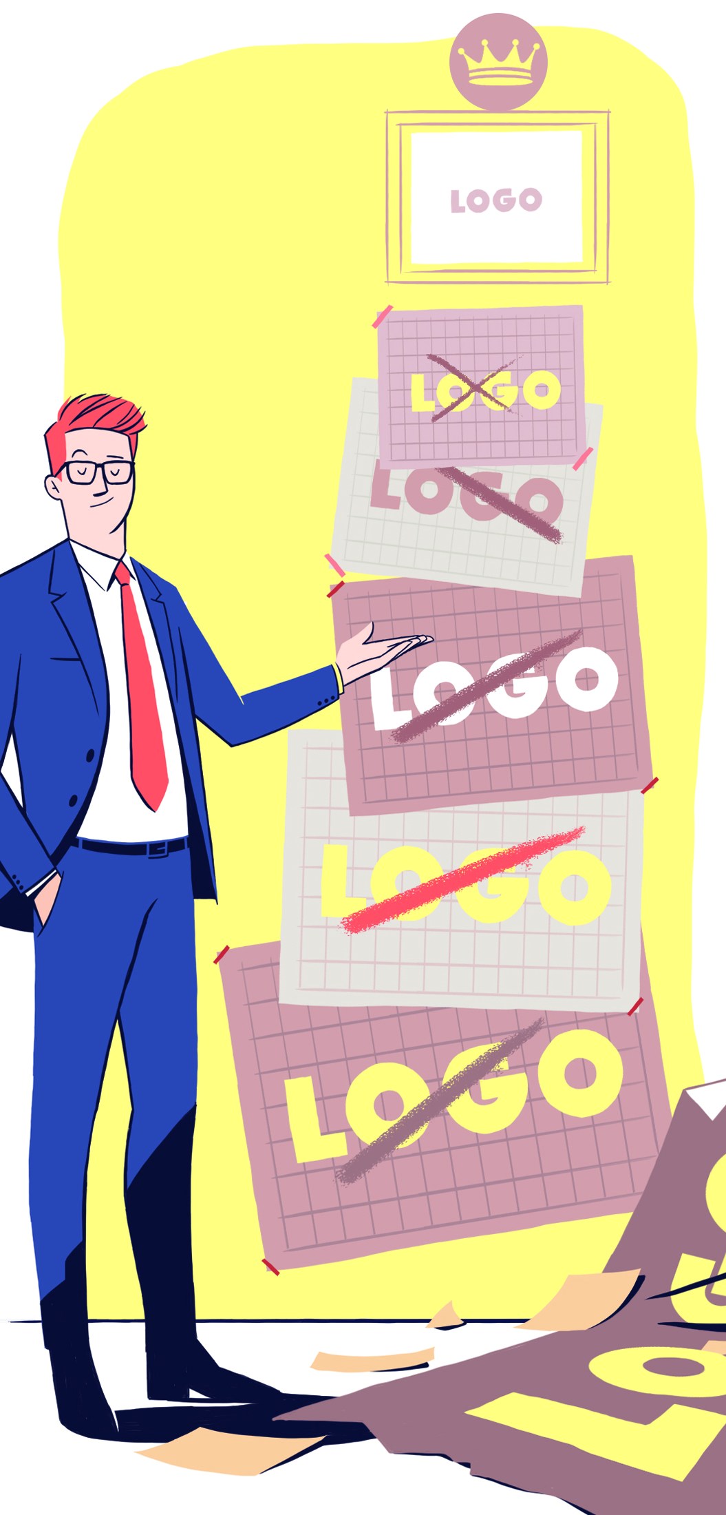 Illustration of a man in a blue suit pointing at logo designs being crossed out, symbolizing the trend toward discreet branding.
