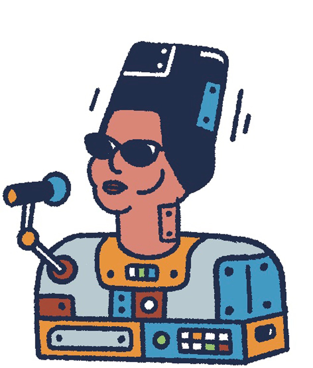 Illustration of a person with sunglasses holding a tool, surrounded by colorful technology and device icons.