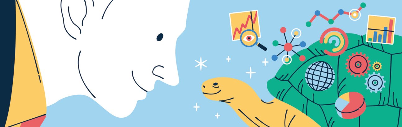 Illustration of a person in profile with business and growth icons including charts and graphs.