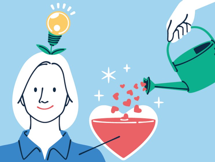Illustration of a woman with a lightbulb sprouting from her head, a watering can, and a heart-shaped bowl with decorative elements.