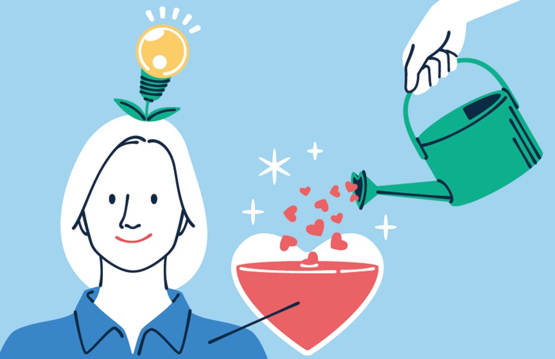 Illustration of a woman with a lightbulb sprouting from her head, a watering can, and a heart-shaped bowl with decorative elements.