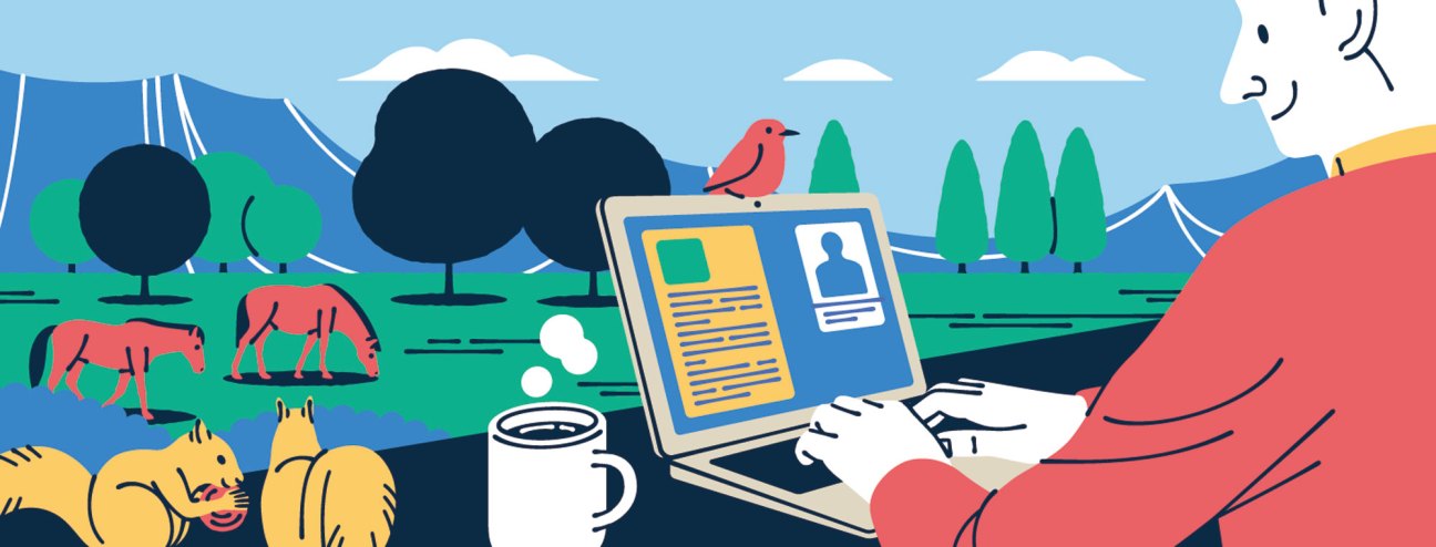 Illustration of rural landscape with animals, trees, laptop, and coffee cup representing remote work dispersal.