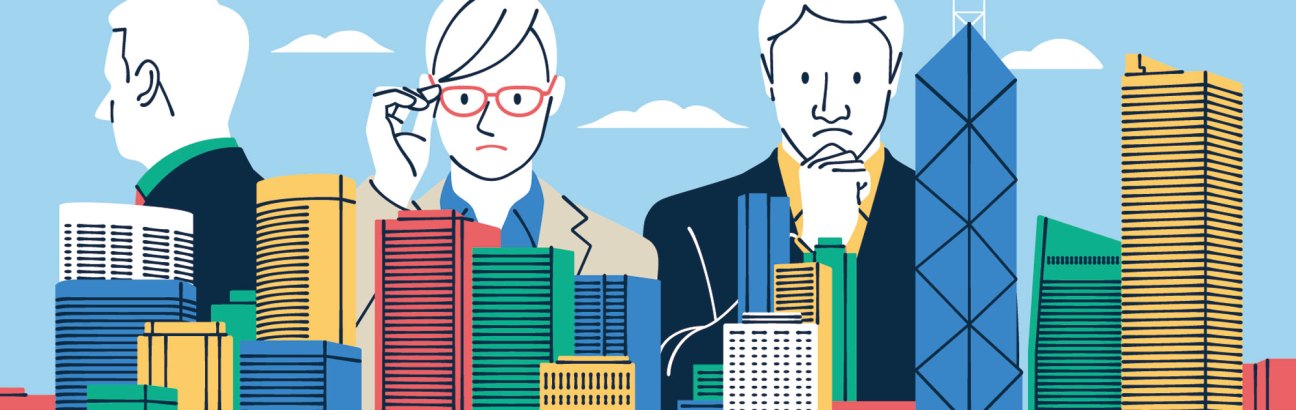 Illustration of three businesspeople among colorful city buildings against a blue sky.