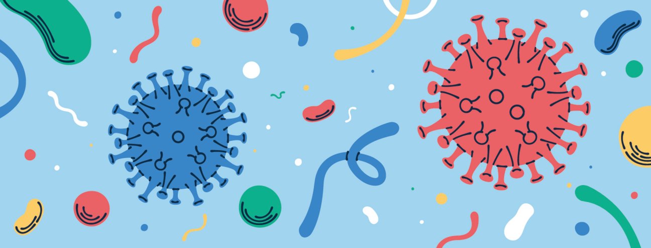Illustration of blue and red virus particles with colorful bacteria and microorganisms on light blue background.