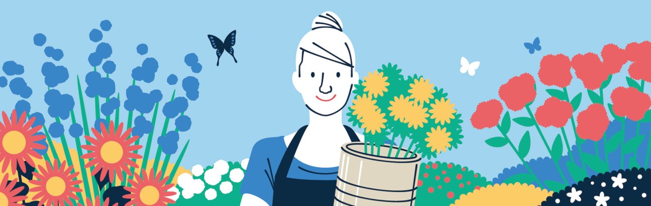 Illustration of a smiling person in an apron holding a potted plant surrounded by colorful flowers and butterflies against a blue sky.