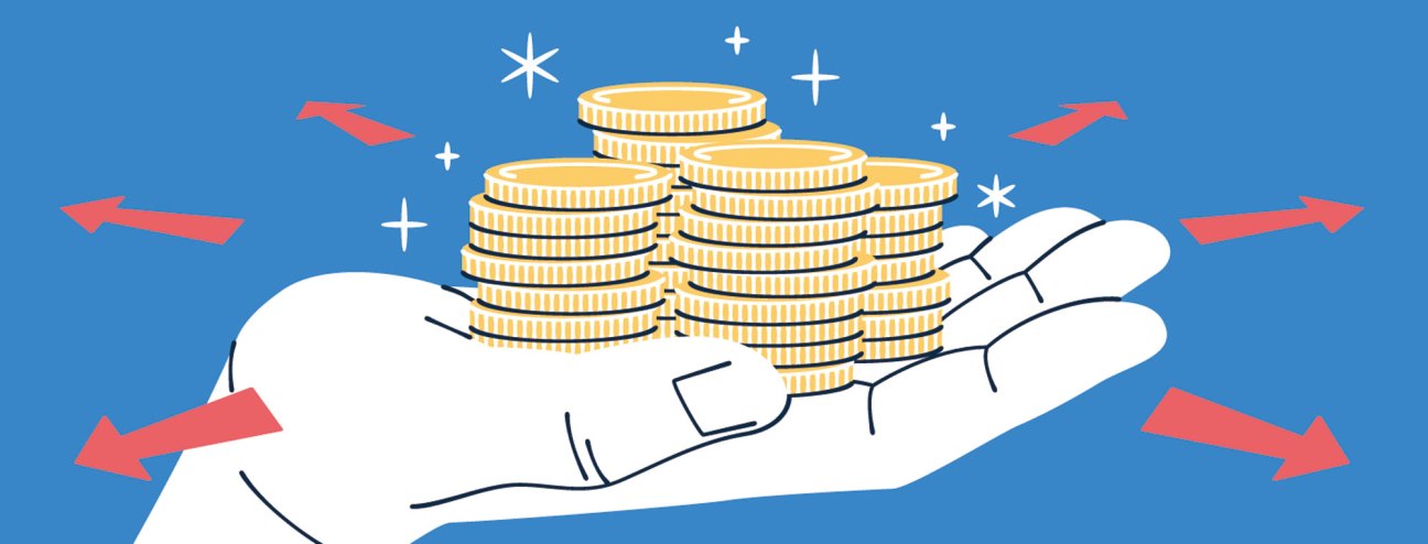 Illustration of a hand holding stacks of gold coins with red arrows pointing outward on a blue background.