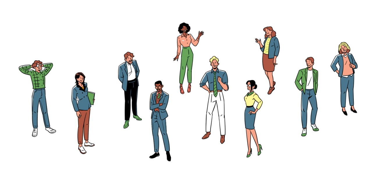 Illustration of diverse entrepreneurs in business attire standing in confident poses against a white background.