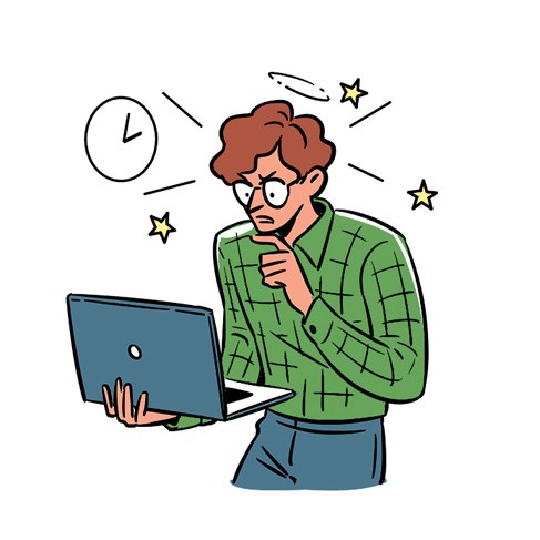 Illustration of a person in a green shirt holding a laptop with a surprised expression surrounded by stars and a clock.