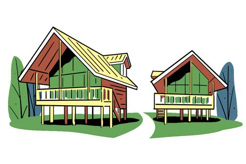 Illustration of two houses on green grass representing pet market and plant industry growth opportunities.