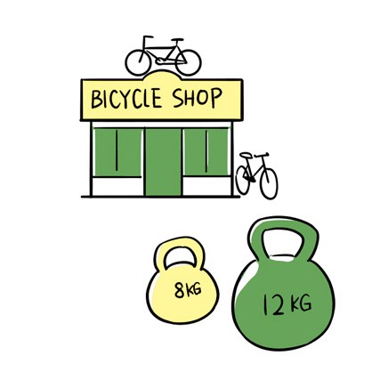 Illustration of a kettlebell weight labeled 12 kg in dark green with a handle.