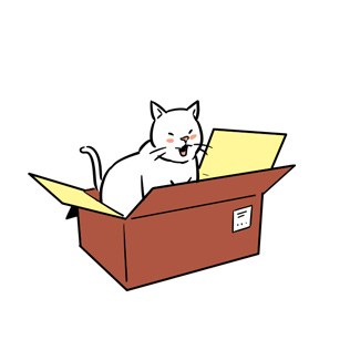 Illustration of a white cat sitting in a cardboard box with yellow tissue paper.