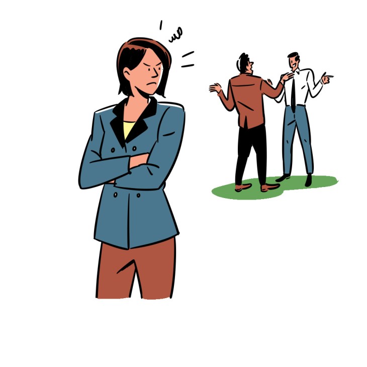 Illustration of a frustrated woman in business attire with arms crossed, with two men arguing in the background.
