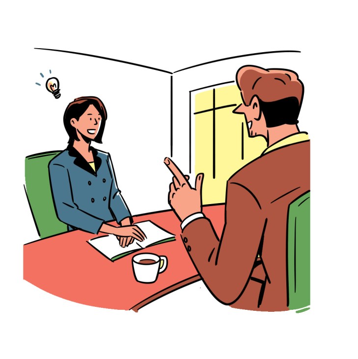 Illustration of two business professionals in discussion at a desk with an open book and coffee cup.