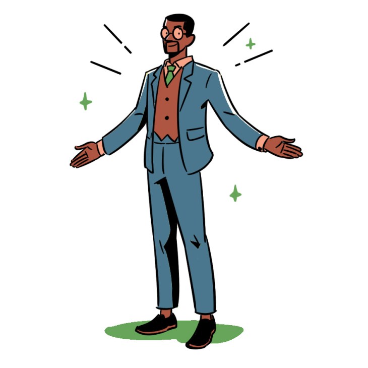 Illustration of a man in a blue blazer and red vest with arms outstretched, wearing black shoes.