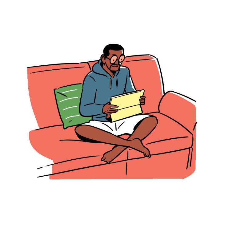 Illustration of a person sitting on a coral-colored sofa, holding a yellow notepad and green clipboard.