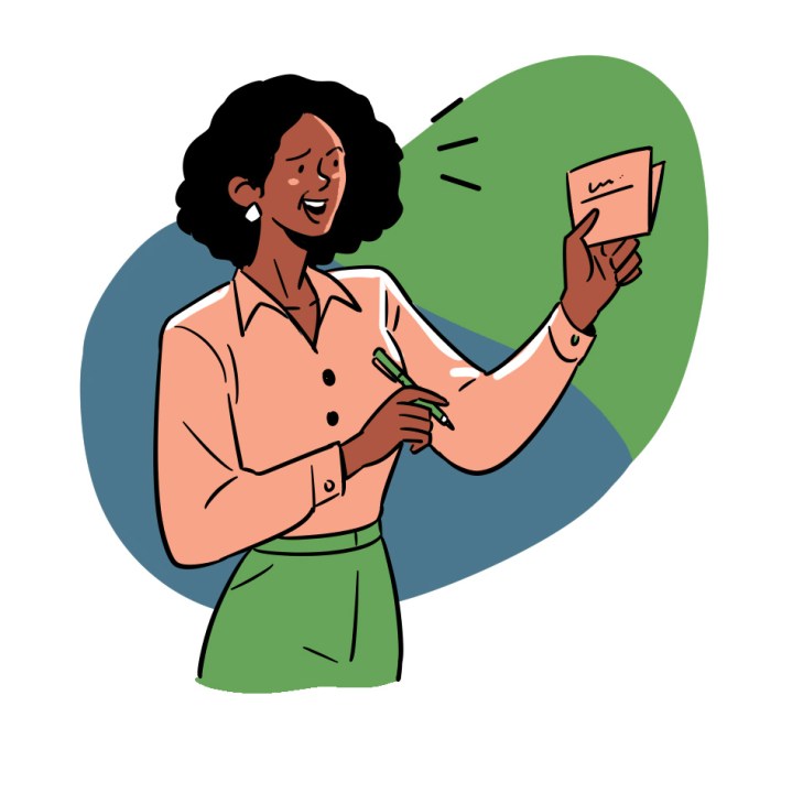 Illustration of a woman holding a business card with a plant, against a blue and green background.